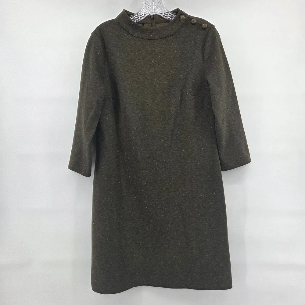 TALBOTS Dress Small Olive Army‎ Green Speckled Mock Neck Decorative Buttons